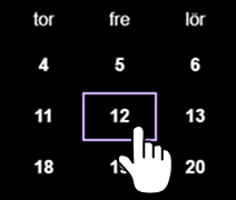 Ett datum i kalendern visas med en lila ram som hover-effekt i högkontrast.